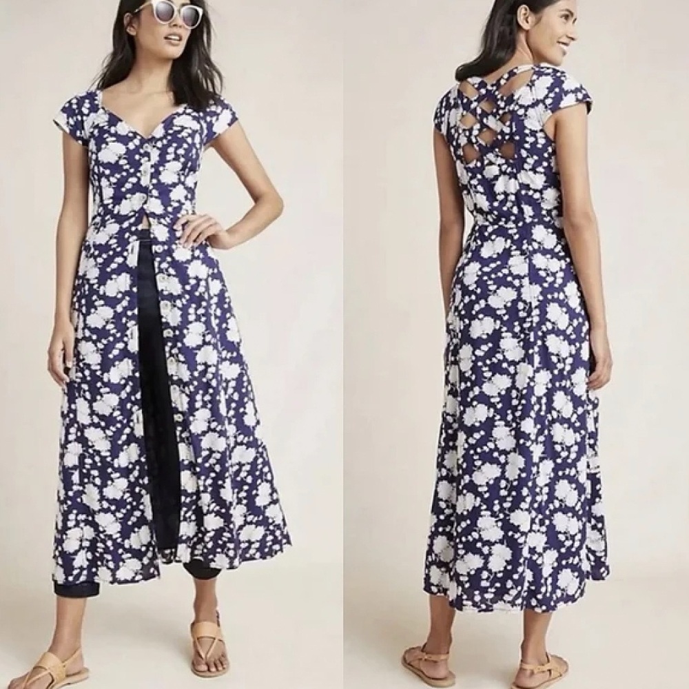 Anthropologie Maeve Motif Floral Midi Dress Blue White Short Sleeve Fitted SZ 2P